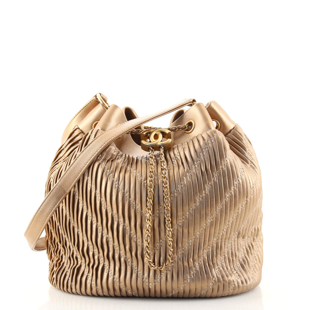 Chanel Coco Pleats Drawstring Bag Pleated Crumpled Calfskin Medium Gold  16275110