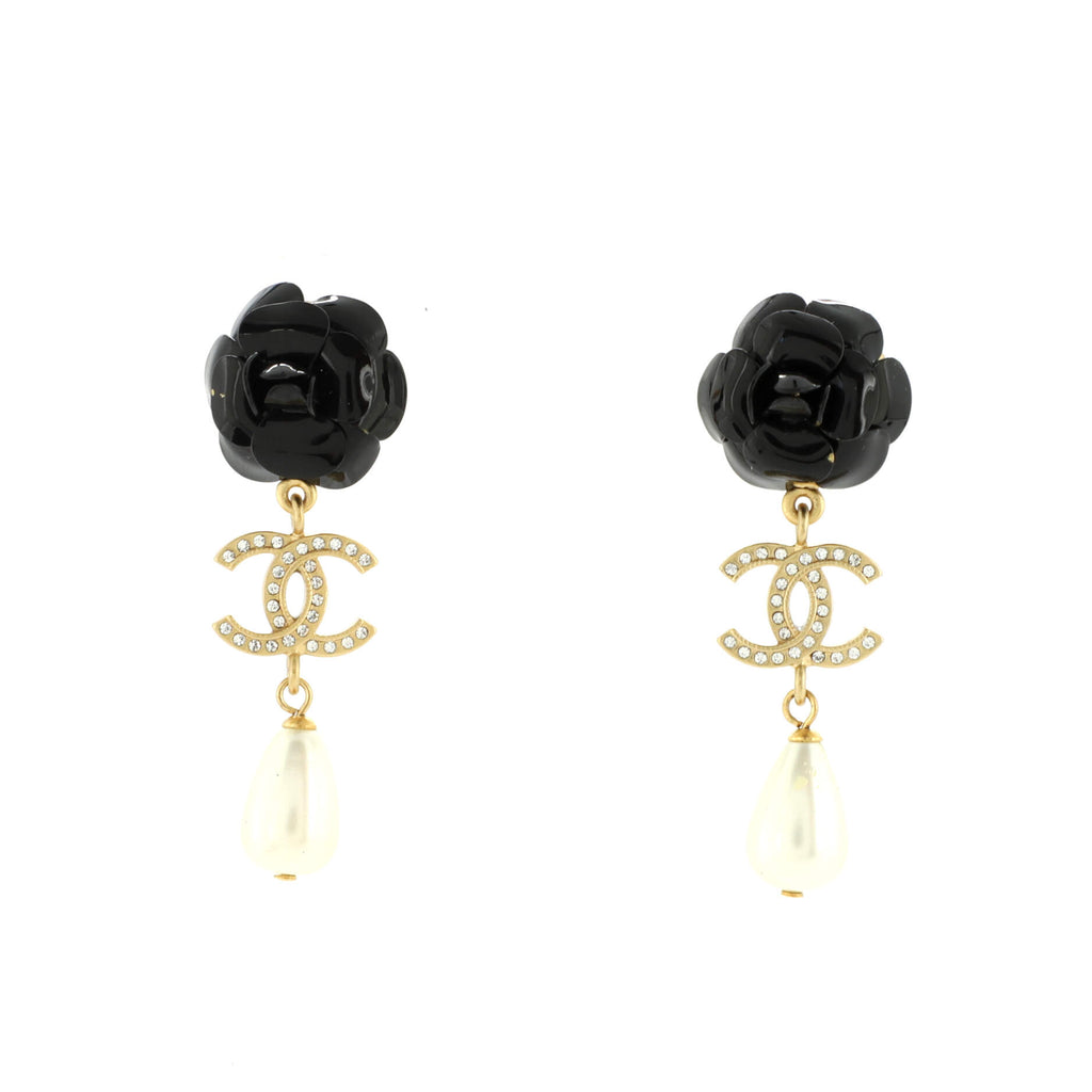 Chanel Camellia CC Teardrop Dangle Earrings Metal with Crystals