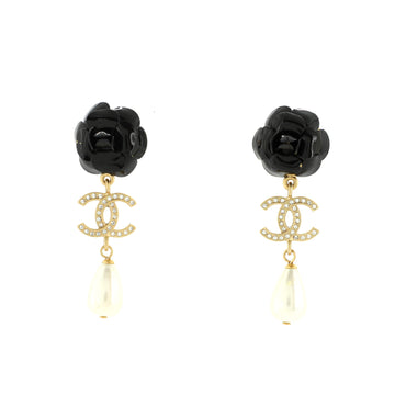Chanel Camellia CC Teardrop Dangle Earrings Metal with Crystals and Faux Pearl and Resin