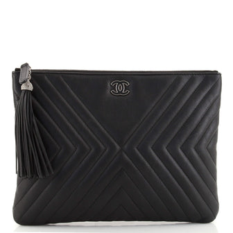 Chanel O Case Tassel Clutch Quilted Leather Medium