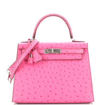 Hermes Kelly Handbag Pink Ostrich with Palladium Hardware 28