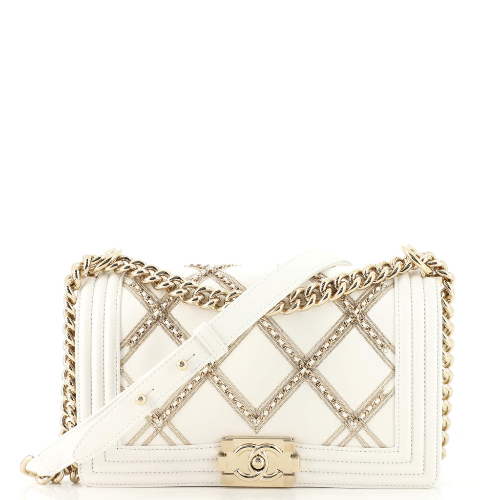 Chanel Boy Flap Bag Chain Embellished Quilted Lambskin Old Medium White  1628191