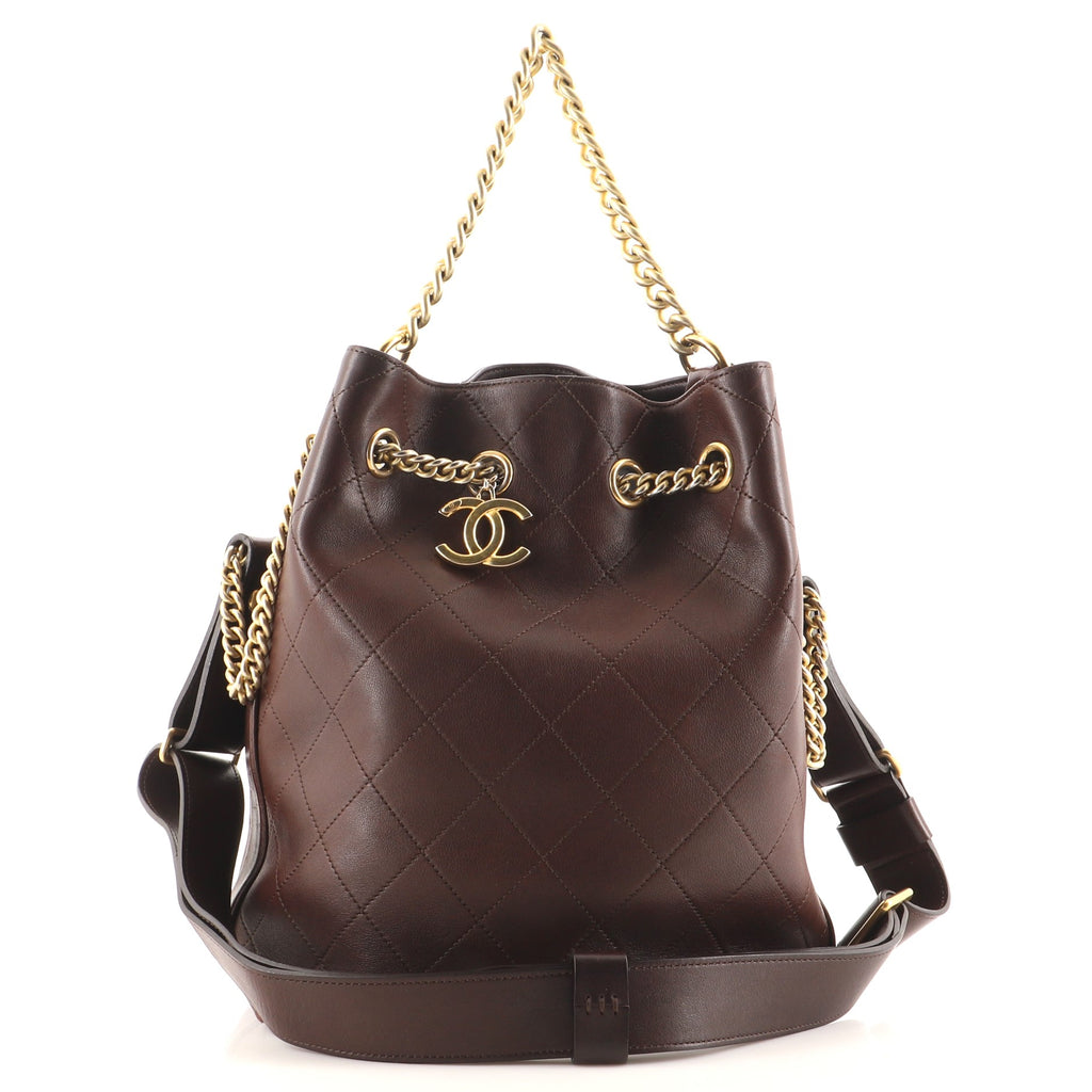Chanel On My Shoulder Drawstring Bag Quilted Calfskin Small Brown 1628991
