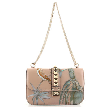 Valentino Glam Lock Shoulder Bag Embroidered Printed Leather with Lizard Medium