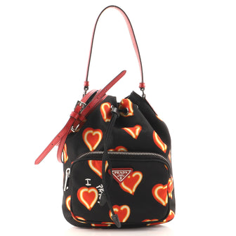 Prada Drawstring Bucket Bag Printed Tessuto Small