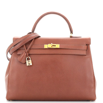 Hermes Kelly Handbag Brown Ardennes with Gold Hardware 35