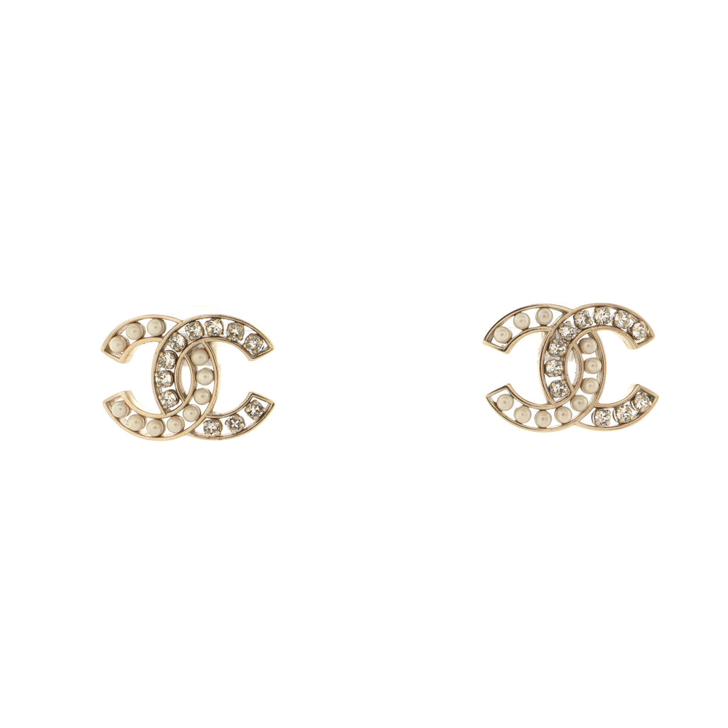 Chanel CC Stud Earrings Faux Pearls and Metal with Crystal Gold 16310693