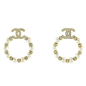Chanel CC Circle Hoop Earrings Metal with Faux Pearls and Crystals