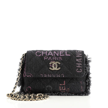 Chanel Denim Mood Flap Clutch with Chain Logo Printed Quilted Fringe Denim