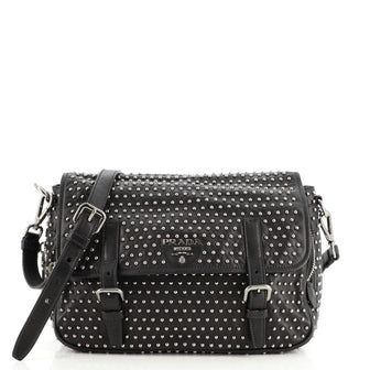 Prada Double Buckle Flap Messenger Bag Studded Leather Medium