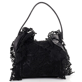 Prada Flap Hobo Embroidered Lace and Leather Medium