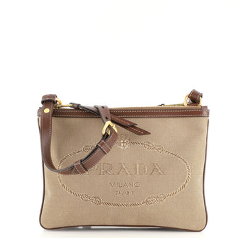 Prada Logo Double Zip Crossbody Bag Canvas