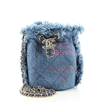 Chanel Denim Mood Chain Bucket Bag Logo Printed Quilted Fringe Denim Mini
