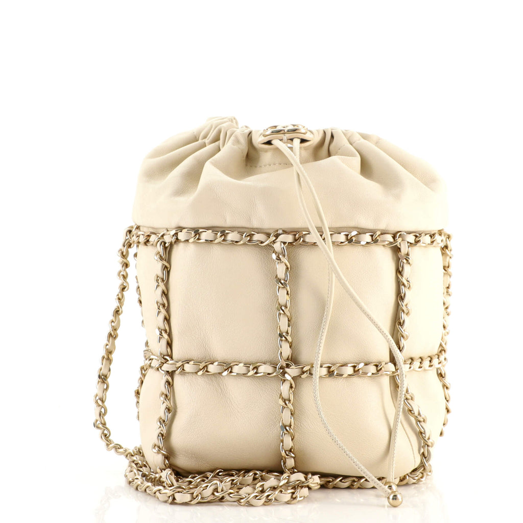 Chanel Chain Frame CC Drawstring Bucket Bag Lambskin Mini Neutral 19745545