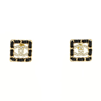 Chanel Chain Around Square CC Stud Earrings Metal with Leather and Crystals