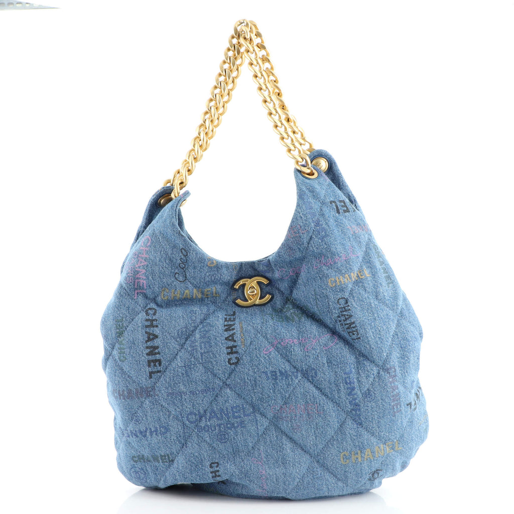 Chanel Denim Mood Hobo Logo Printed Quilted Denim Maxi For Sale at