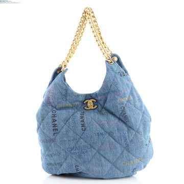 Chanel Denim Mood Hobo Logo Printed Quilted Denim Maxi