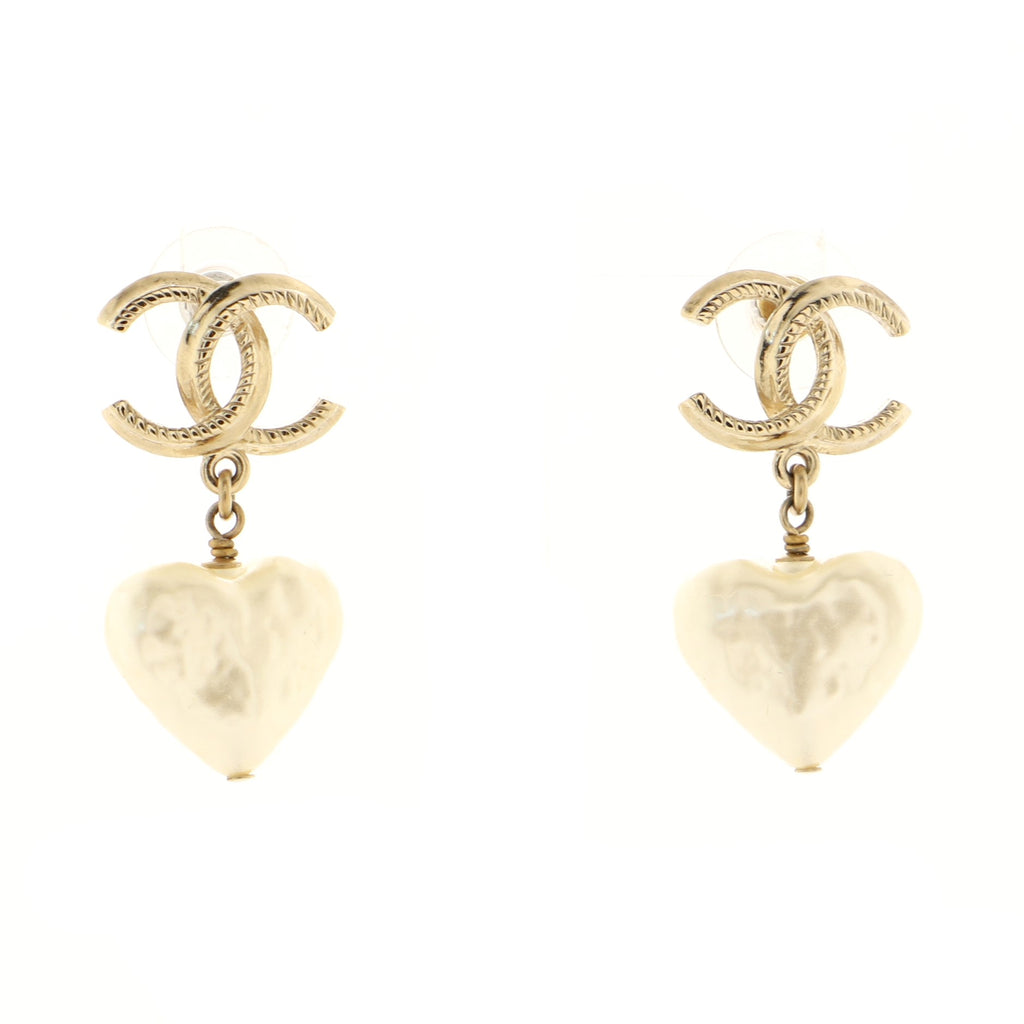 Chanel CC Heart Drop Earrings Metal with Faux Pearl Gold 1636432