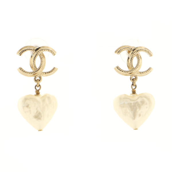CC Heart Drop Earrings Metal with Faux Pearl