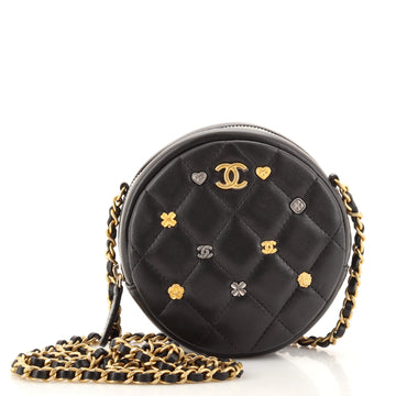 Chanel 18K Charms Round Clutch With Chain Quilted Lambskin Mini