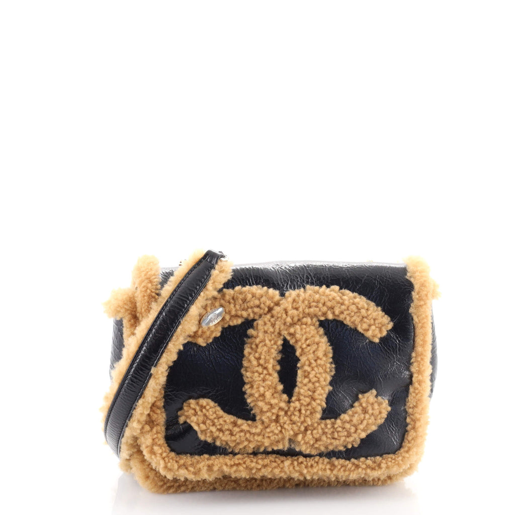 Chanel CC Mania Flap Bag Shearling and Shiny Crumpled Sheepskin Small Black  1639893
