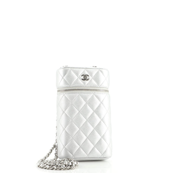 Chanel Classic Vanity Phone Holder with Chain Quilted Caviar Silver 1640781