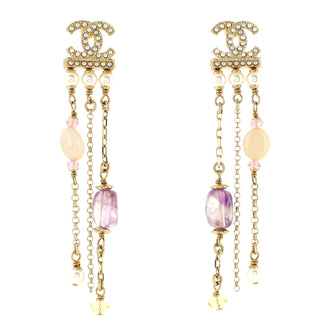 Chanel CC Chain Fringe Drop Earrings Metal with Faux Pearls and Stones