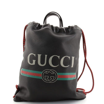 Gucci Logo Drawstring Backpack Printed Leather Medium