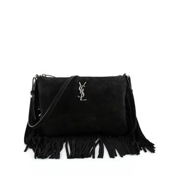 Saint Laurent Classic Monogram Fringe Zip Crossbody Bag Suede Small black