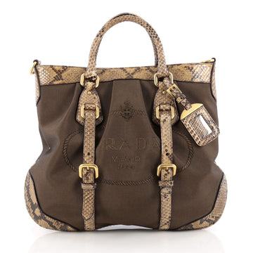 Prada Logo Satchel Canvas with Python Medium Brown 