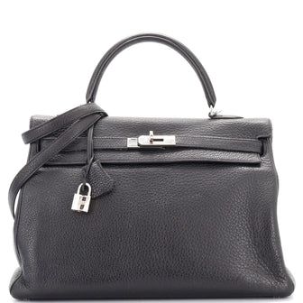 Hermes Kelly Handbag Black Buffalo Skipper with Palladium Hardware 35