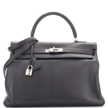 Hermes Kelly Handbag Black Buffalo Skipper with Palladium Hardware 35