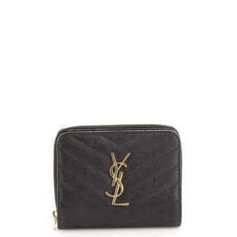 Saint Laurent Classic Monogram Zip Around Wallet Matelasse Chevron Leather Compact