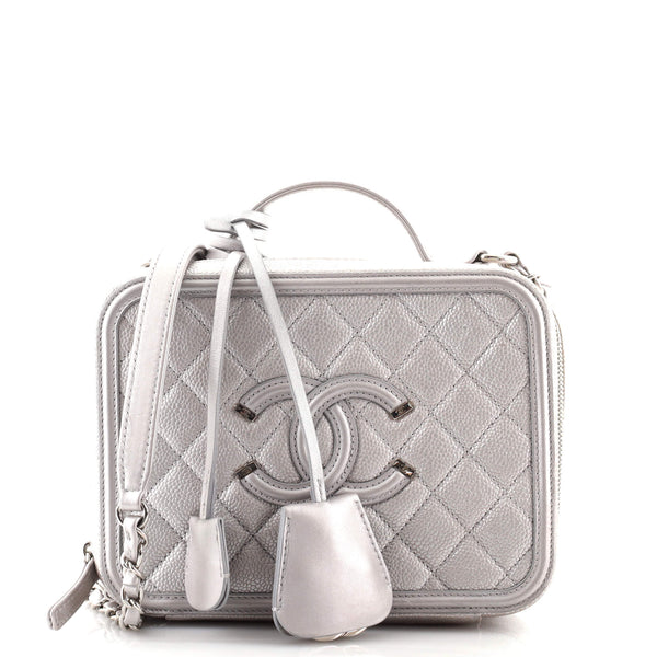 Chanel Filigree Vanity Case Quilted Caviar Small Silver 229910125