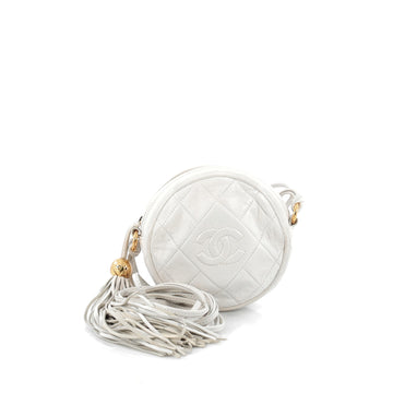 Chanel Vintage Round Tassel Crossbody Bag Quilted Leather Mini white