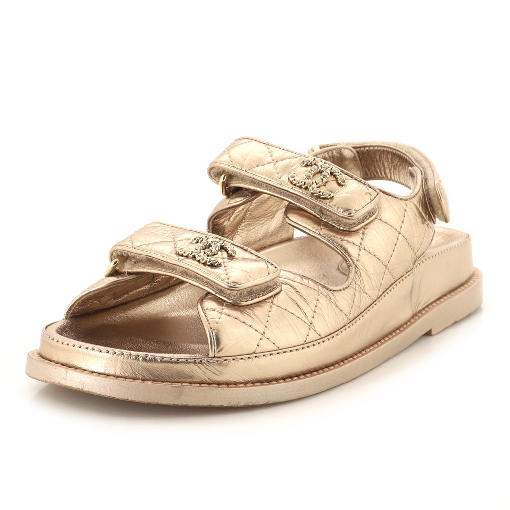 Chanel Women's Velcro Dad Sandals Quilted Leather Gold 1646291