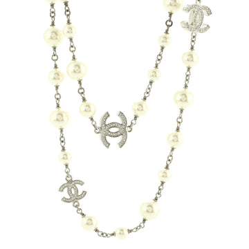 Chanel CC Station Long Necklace Metal with Faux Pearls and Crystals