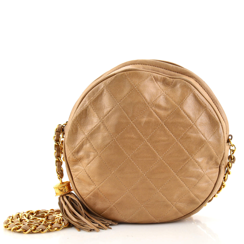 Chanel Vintage Round Tassel Crossbody Bag Quilted Lambskin Large Neutral  1646782