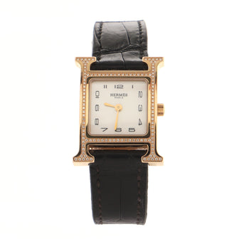 Hermes Heure H Quartz Watch Rose Gold and Alligator with Diamond Bezel and Mother of Pearl 21