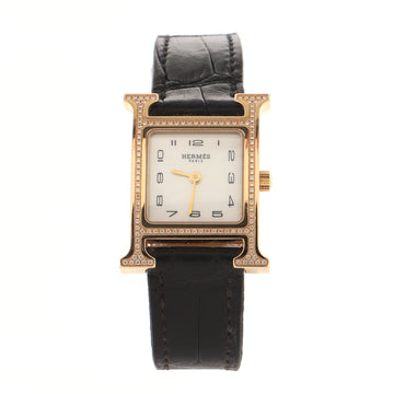 Hermes Heure H Quartz Watch Rose Gold and Alligator with Diamond Bezel and Mother of Pearl 21