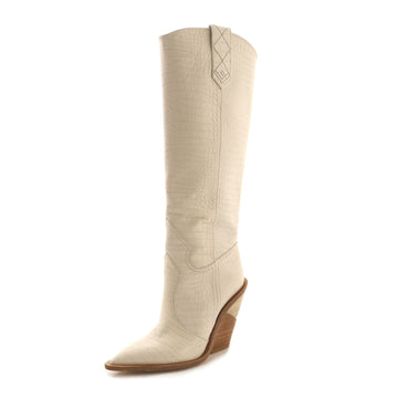 Fendi Women's Knee High Heeled Boots Crocodile Embossed Leather