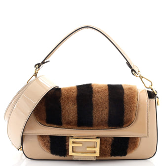 Fendi Be Baguette Bag Pequin Shearling with Patent Mini