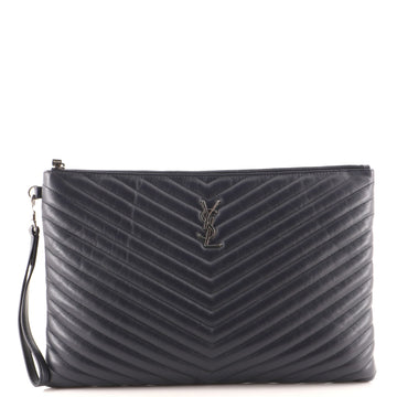 Saint Laurent Classic Monogram Wristlet Pouch Matelasse Chevron Leather Large