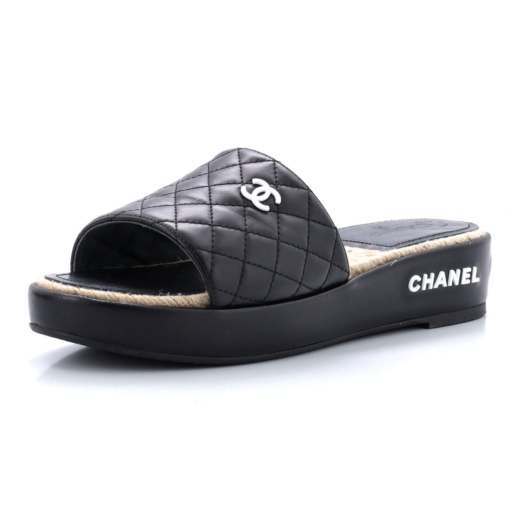 Chanel Women's Logo Slide Sandals Leather Black 1653601
