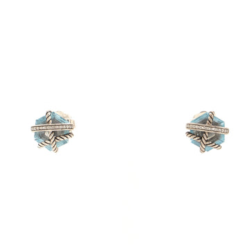 David Yurman Cable Wrap Stud Earrings Sterling Silver with Blue Topaz and Diamonds