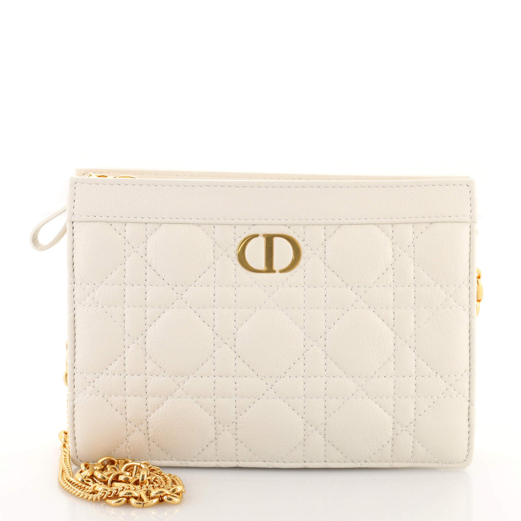 Christian Dior Caro Zipped Pouch With Chain Leather White 16545214
