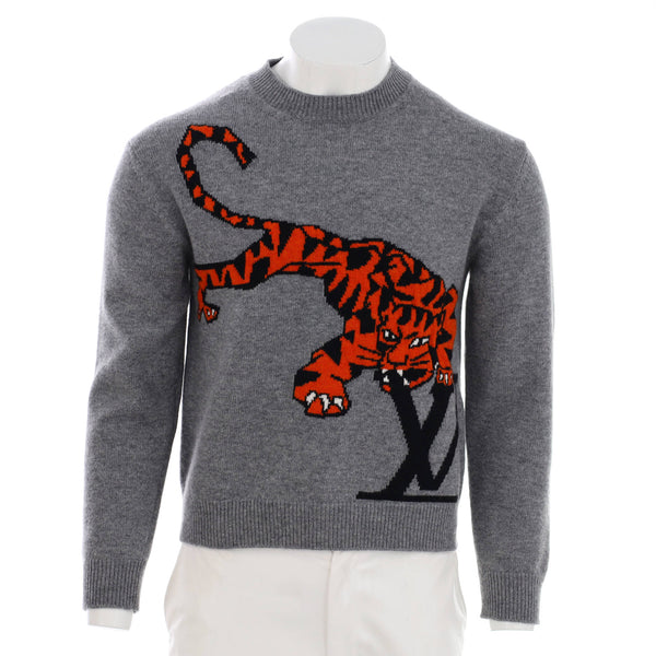 Louis Vuitton Tiger Intarsia Embroidered Knit Mens Size XL Gray
