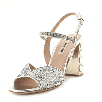 Miu Miu Women's Jewelled Block Sandals Leather with Crystals and Glitter