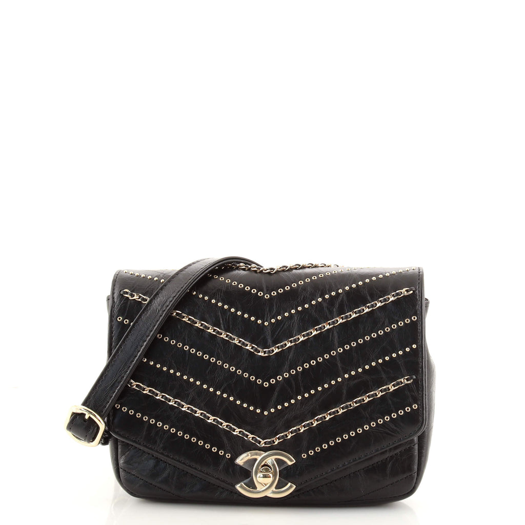 Chanel CC Envelope Flap Bag Chevron Embellished Crumpled Calfskin Small  Black 1659601