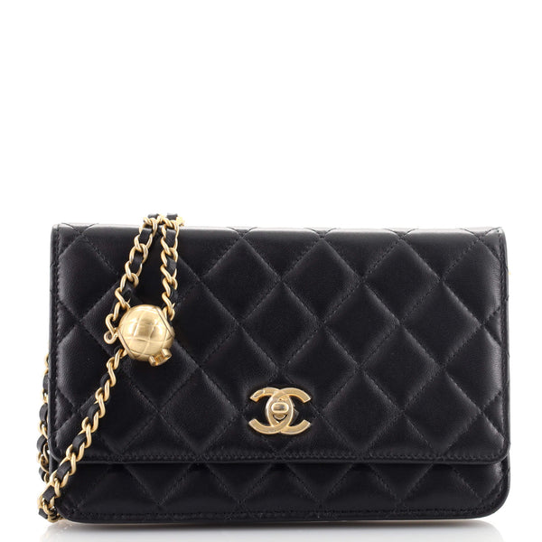Chanel Black Quilted Lambskin Pearl Crush Wallet on Chain Gold